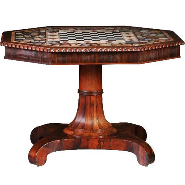 Grote foto antieke tafel schaaktafel centertable ca. 1840 met pietra dura blad op palissander voet no.6408 antiek en kunst stoelen en banken