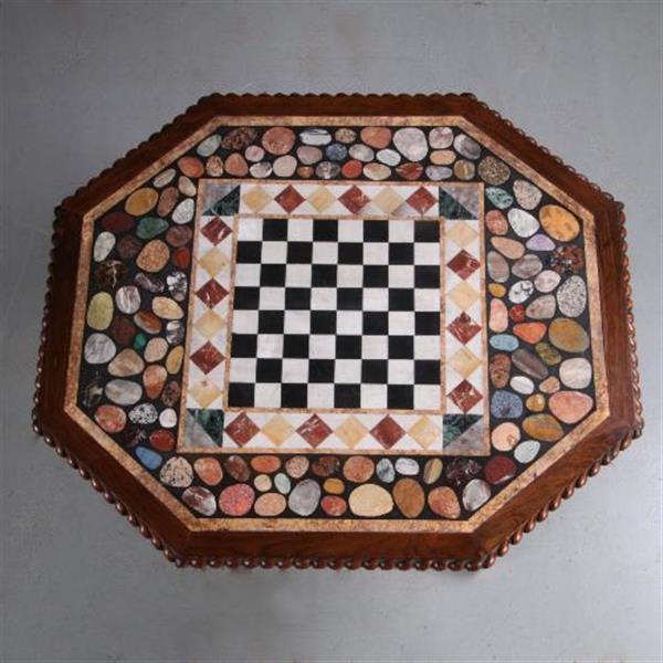 Grote foto antieke tafel schaaktafel centertable ca. 1840 met pietra dura blad op palissander voet no.6408 antiek en kunst stoelen en banken