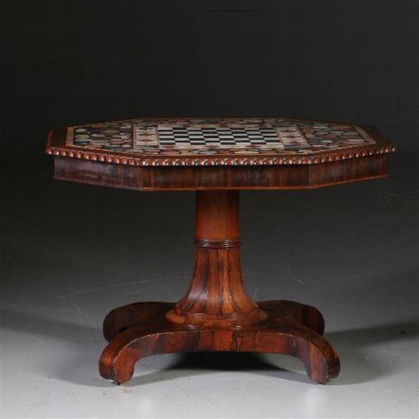 Grote foto antieke tafel schaaktafel centertable ca. 1840 met pietra dura blad op palissander voet no.6408 antiek en kunst stoelen en banken