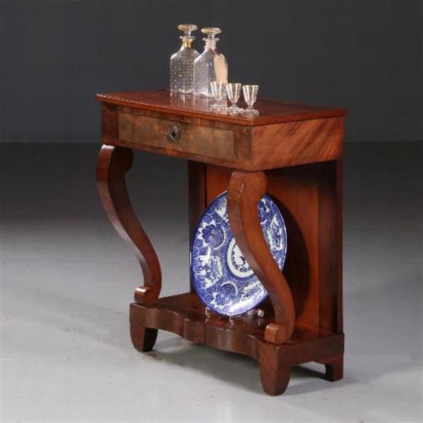Grote foto antieke wandtafel trumeau ca. 1830 in mahonie met lade op gebogen voorpoten no.780153 antiek en kunst stoelen en banken