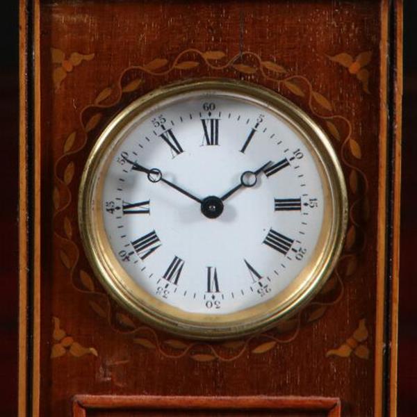 Grote foto antiek varia miniatuur staand horloge engels ca.1875 in mahonie met inlegwerk no.822151 antiek en kunst overige in antiek gebruiksvoorwerpen
