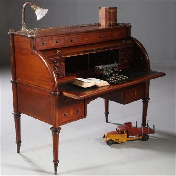 Grote foto antieke bureaus groot mahonie trommel of cilinderbureau 1860 rijk ingelegd no.831755 antiek en kunst overige in antiek gebruiksvoorwerpen