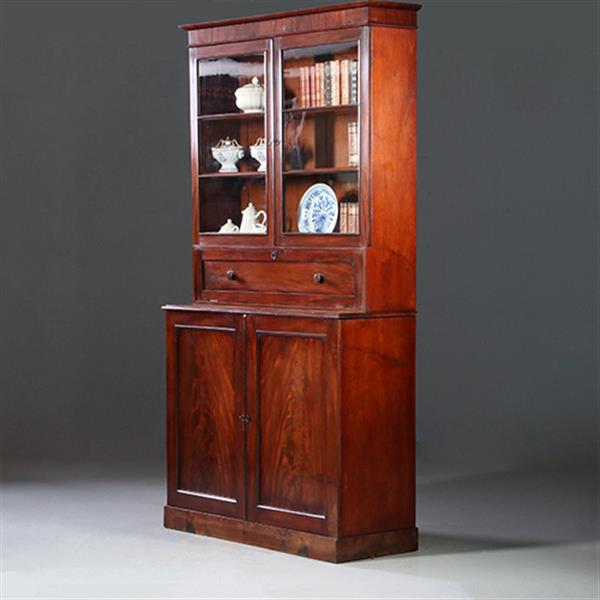 Grote foto hoge boekenkast mahonie met archiefklep en prachtig oud glas ca. 1830 no.920305 antiek en kunst stoelen en banken