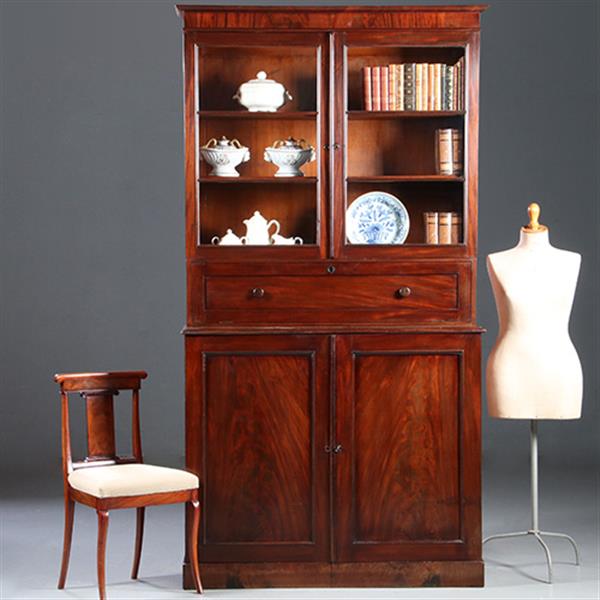 Grote foto hoge boekenkast mahonie met archiefklep en prachtig oud glas ca. 1830 no.920305 antiek en kunst stoelen en banken