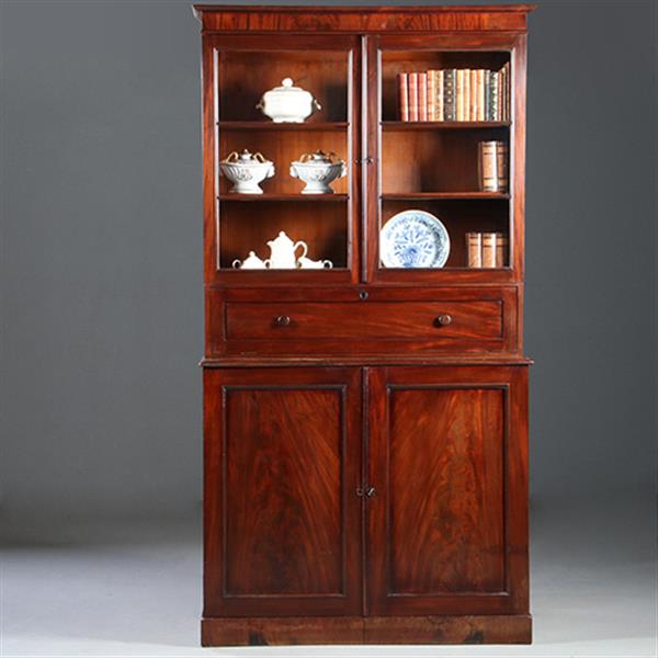 Grote foto hoge boekenkast mahonie met archiefklep en prachtig oud glas ca. 1830 no.920305 antiek en kunst stoelen en banken