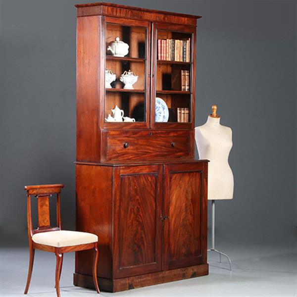 Grote foto hoge boekenkast mahonie met archiefklep en prachtig oud glas ca. 1830 no.920305 antiek en kunst stoelen en banken