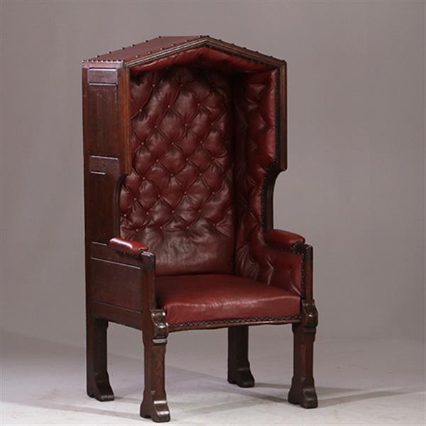 Grote foto porters chair huifzetel 18e eeuws rood bekleed deels gecapitonneerd no.922840 antiek en kunst stoelen en banken