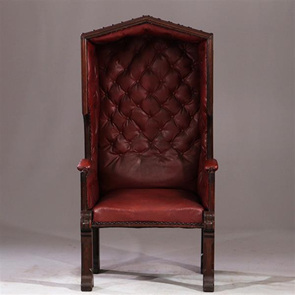 Grote foto porters chair huifzetel 18e eeuws rood bekleed deels gecapitonneerd no.922840 antiek en kunst stoelen en banken