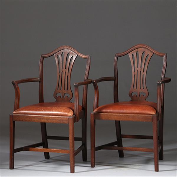 Grote foto stel van 2 armstoelen bureaustoelen met bruin leer ca 1900 georgianstijl no.941835 antiek en kunst stoelen en banken
