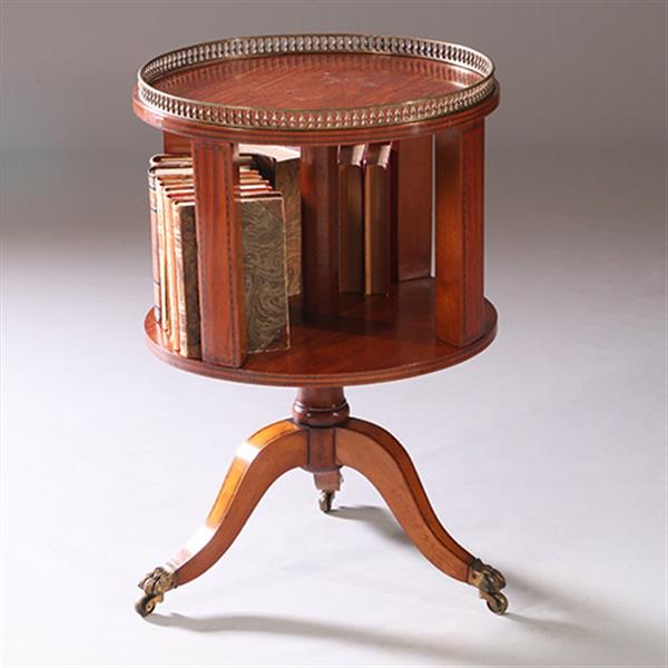 Grote foto ronde mahonie boekenmolen wijntafel met bronzen reling ca 1915 ingelegde biezen no.950140 antiek en kunst stoelen en banken