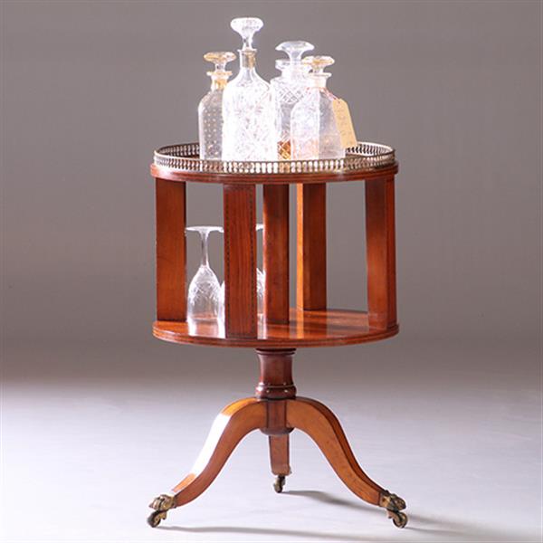 Grote foto ronde mahonie boekenmolen wijntafel met bronzen reling ca 1915 ingelegde biezen no.950140 antiek en kunst stoelen en banken