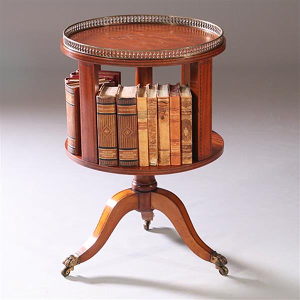 Grote foto ronde mahonie boekenmolen wijntafel met bronzen reling ca 1915 ingelegde biezen no.950140 antiek en kunst stoelen en banken