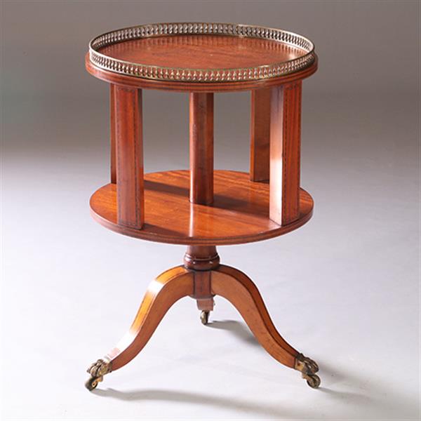 Grote foto ronde mahonie boekenmolen wijntafel met bronzen reling ca 1915 ingelegde biezen no.950140 antiek en kunst stoelen en banken