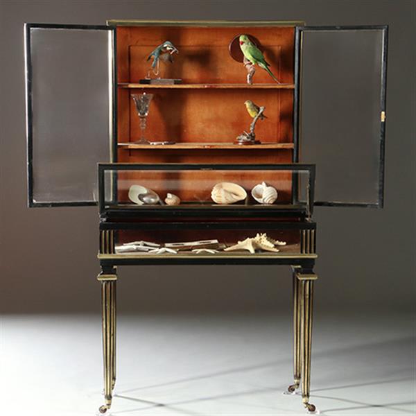 Grote foto pianovormige verzamelaars vitrine of display cabinet in brons met zwart ca 1880 no.950145 antiek en kunst stoelen en banken
