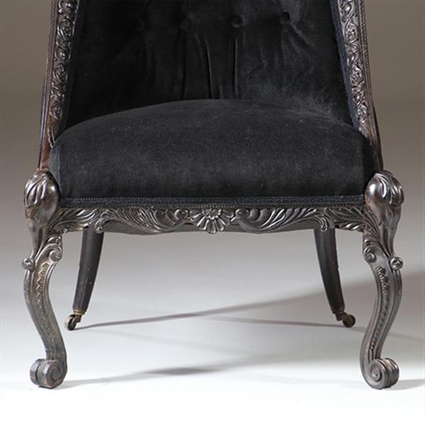Grote foto koloniale dames zetel massief ebbenhout ca 1800 met zwarte velours en 2 olifanten kopjes no.922860 antiek en kunst stoelen en banken