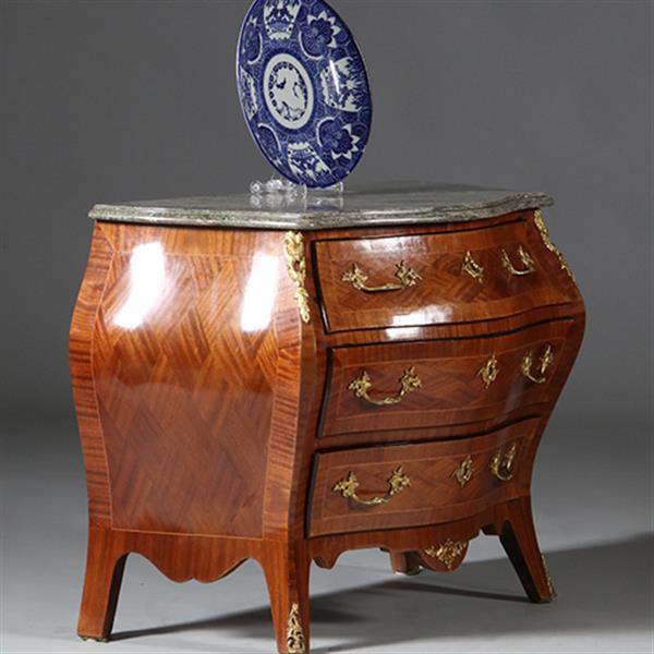 Grote foto gebombeerde commode in rococostijl ca 1920 grijs geaderd marmerblad no.962660 antiek en kunst stoelen en banken