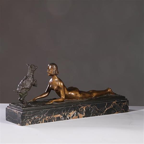 Grote foto art deco beeld joseph d aste 1881 1945 jonge vrouw met een bokje brons gepatineerd en verguld no antiek en kunst overige in antiek gebruiksvoorwerpen