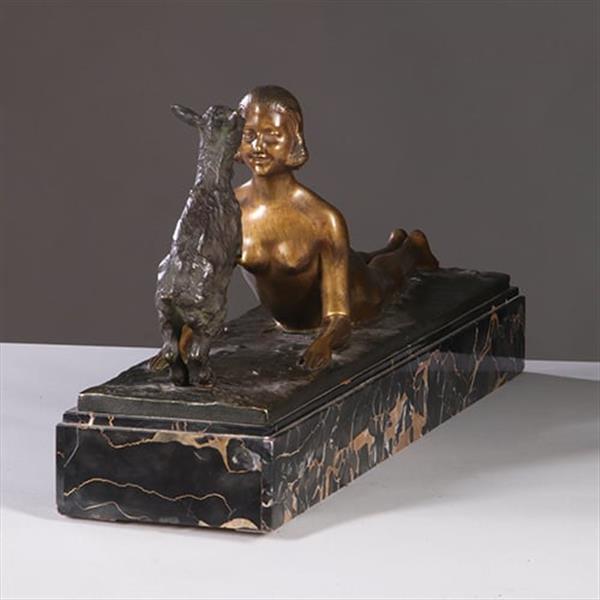 Grote foto art deco beeld joseph d aste 1881 1945 jonge vrouw met een bokje brons gepatineerd en verguld no antiek en kunst overige in antiek gebruiksvoorwerpen