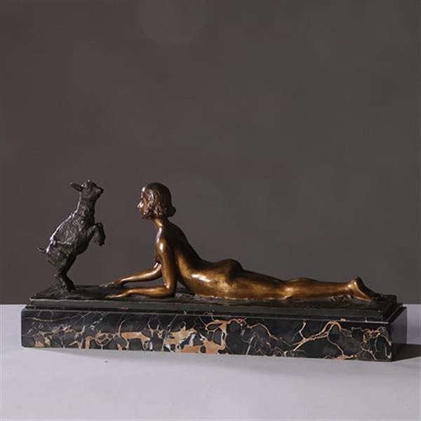 Grote foto art deco beeld joseph d aste 1881 1945 jonge vrouw met een bokje brons gepatineerd en verguld no antiek en kunst overige in antiek gebruiksvoorwerpen