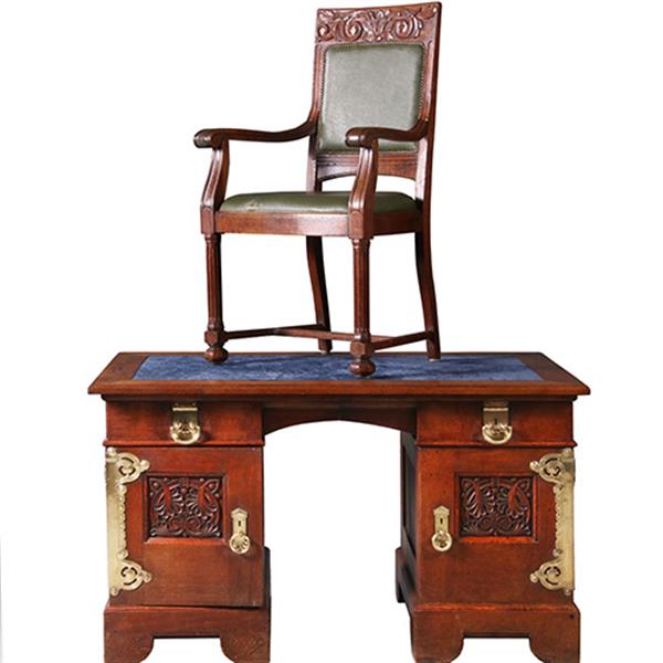 Grote foto art nouveau bureau met brons beslag en armstoel incl stof en leer naar wens no. 211115 antiek en kunst stoelen en banken