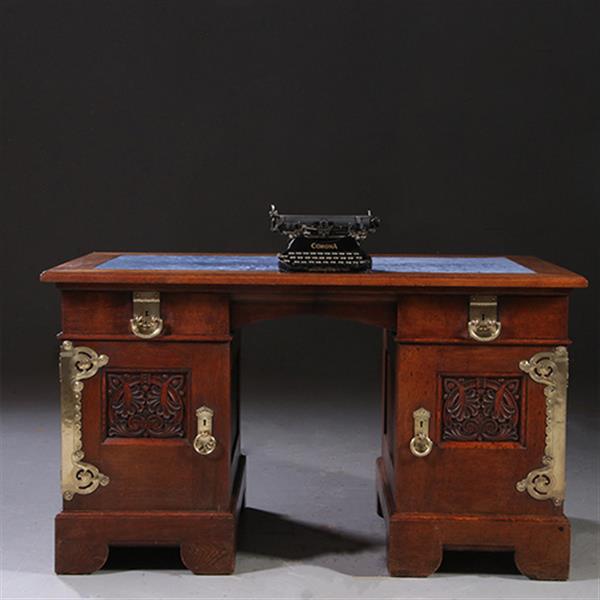 Grote foto art nouveau bureau met brons beslag en armstoel incl stof en leer naar wens no. 211115 antiek en kunst stoelen en banken