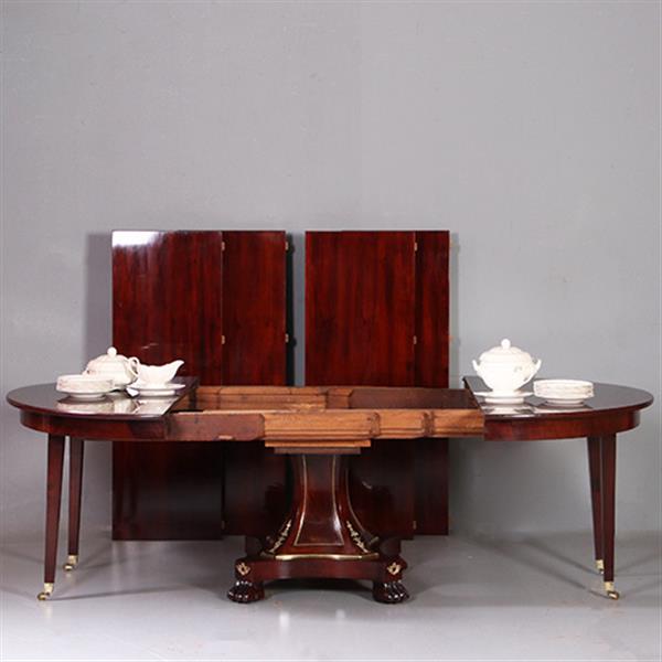 Grote foto empire coulissetafel ca 1810 in mahonie met bloemmahonie op sluierpoot met veel brons beslag no.96 antiek en kunst stoelen en banken