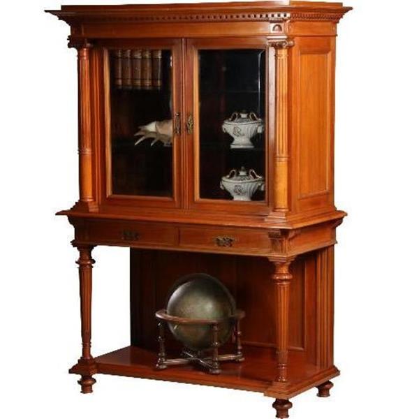 Grote foto antieke kast notenhouten vitrinekast ca 1890 velours bekleed no.602112 antiek en kunst stoelen en banken