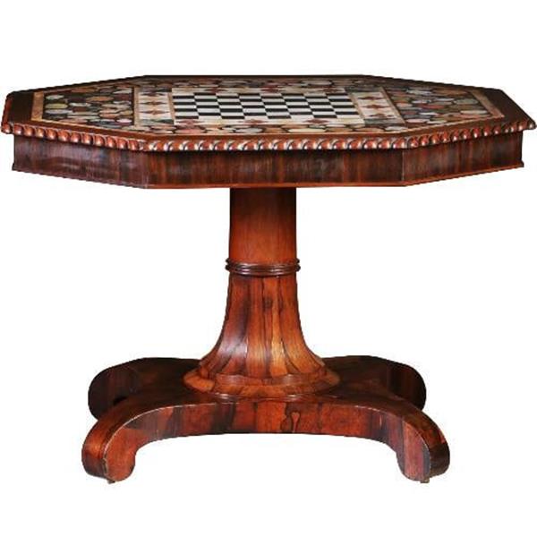 Grote foto antieke tafel schaaktafel centertable ca. 1840 met pietra dura blad op palissander voet no.6408 antiek en kunst stoelen en banken