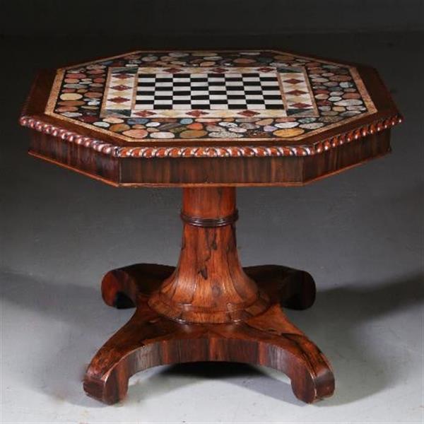 Grote foto antieke tafel schaaktafel centertable ca. 1840 met pietra dura blad op palissander voet no.6408 antiek en kunst stoelen en banken
