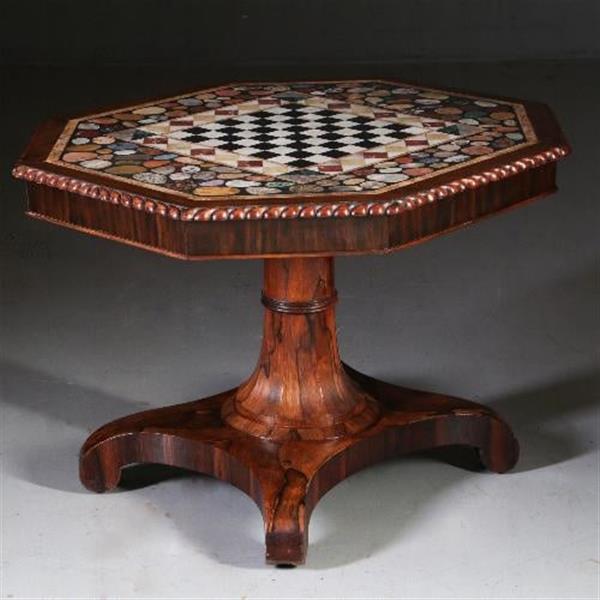 Grote foto antieke tafel schaaktafel centertable ca. 1840 met pietra dura blad op palissander voet no.6408 antiek en kunst stoelen en banken