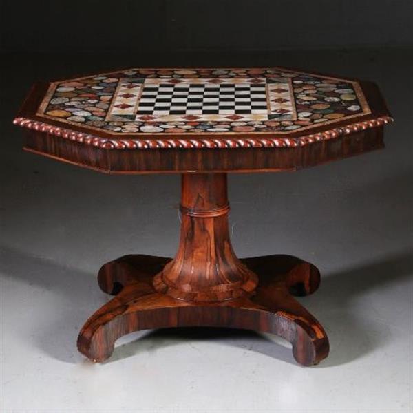 Grote foto antieke tafel schaaktafel centertable ca. 1840 met pietra dura blad op palissander voet no.6408 antiek en kunst stoelen en banken