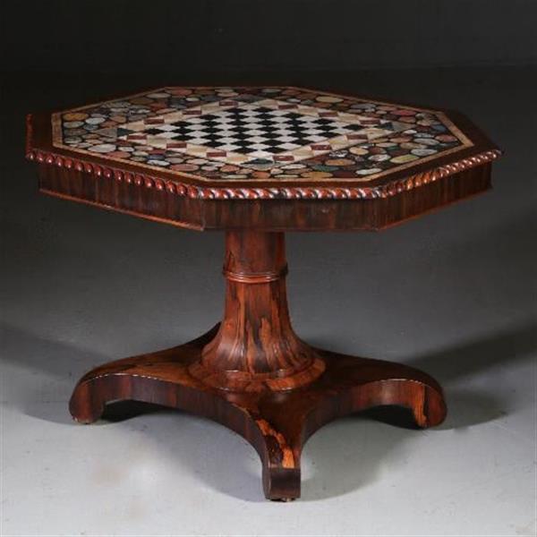 Grote foto antieke tafel schaaktafel centertable ca. 1840 met pietra dura blad op palissander voet no.6408 antiek en kunst stoelen en banken