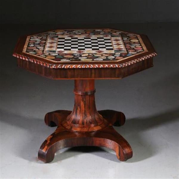 Grote foto antieke tafel schaaktafel centertable ca. 1840 met pietra dura blad op palissander voet no.6408 antiek en kunst stoelen en banken