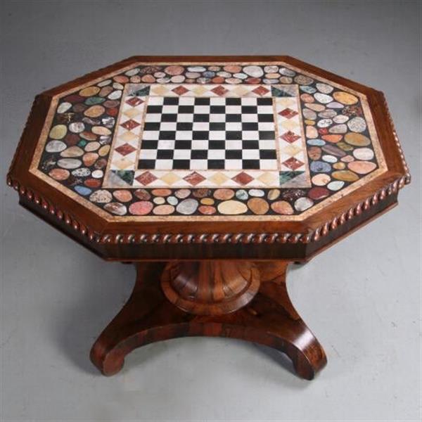 Grote foto antieke tafel schaaktafel centertable ca. 1840 met pietra dura blad op palissander voet no.6408 antiek en kunst stoelen en banken
