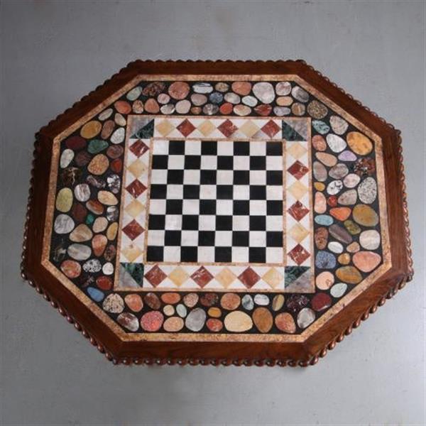 Grote foto antieke tafel schaaktafel centertable ca. 1840 met pietra dura blad op palissander voet no.6408 antiek en kunst stoelen en banken