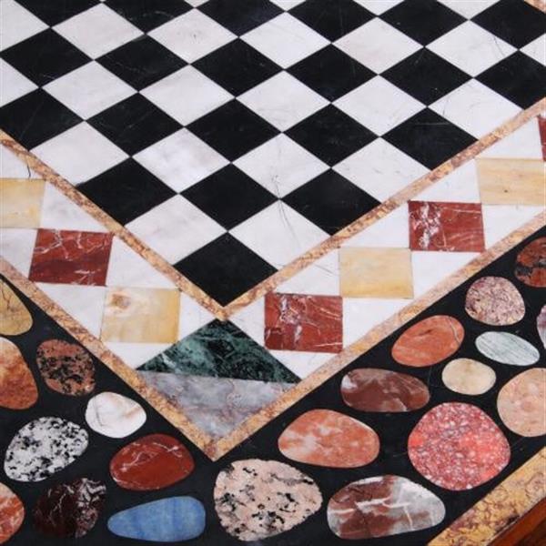 Grote foto antieke tafel schaaktafel centertable ca. 1840 met pietra dura blad op palissander voet no.6408 antiek en kunst stoelen en banken