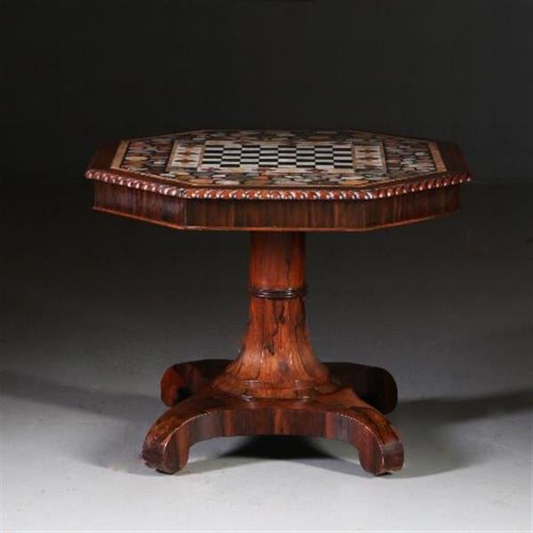 Grote foto antieke tafel schaaktafel centertable ca. 1840 met pietra dura blad op palissander voet no.6408 antiek en kunst stoelen en banken