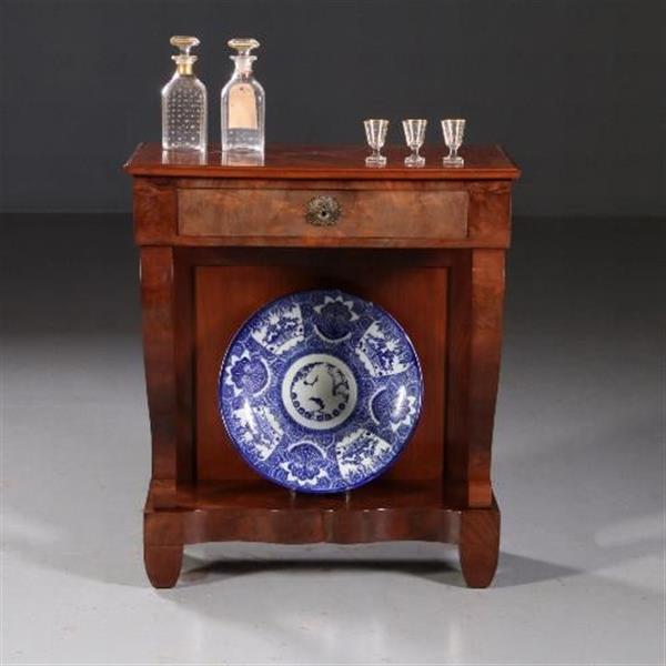 Grote foto antieke wandtafel trumeau ca. 1830 in mahonie met lade op gebogen voorpoten no.780153 antiek en kunst stoelen en banken