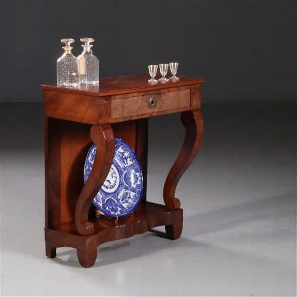 Grote foto antieke wandtafel trumeau ca. 1830 in mahonie met lade op gebogen voorpoten no.780153 antiek en kunst stoelen en banken