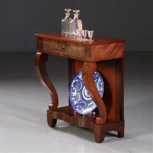 Grote foto antieke wandtafel trumeau ca. 1830 in mahonie met lade op gebogen voorpoten no.780153 antiek en kunst stoelen en banken