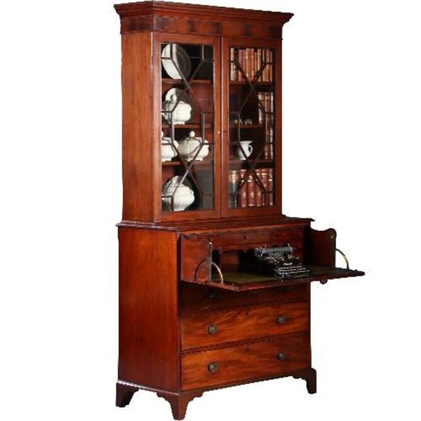 Grote foto antieke kasten buro bookcase schrijfklep met groen leer ingelegd mahonie ca. 1820 no.820311 antiek en kunst stoelen en banken