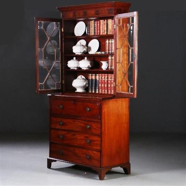 Grote foto antieke kasten buro bookcase schrijfklep met groen leer ingelegd mahonie ca. 1820 no.820311 antiek en kunst stoelen en banken