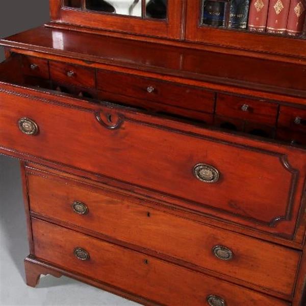 Grote foto antieke kasten buro bookcase schrijfklep met groen leer ingelegd mahonie ca. 1820 no.820311 antiek en kunst stoelen en banken