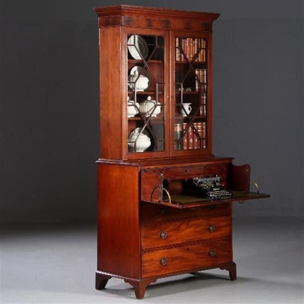 Grote foto antieke kasten buro bookcase schrijfklep met groen leer ingelegd mahonie ca. 1820 no.820311 antiek en kunst stoelen en banken