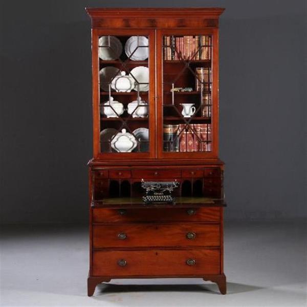 Grote foto antieke kasten buro bookcase schrijfklep met groen leer ingelegd mahonie ca. 1820 no.820311 antiek en kunst stoelen en banken
