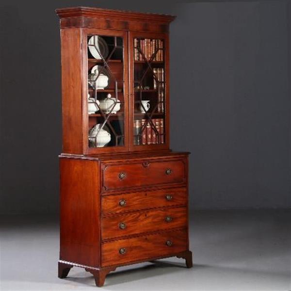 Grote foto antieke kasten buro bookcase schrijfklep met groen leer ingelegd mahonie ca. 1820 no.820311 antiek en kunst stoelen en banken