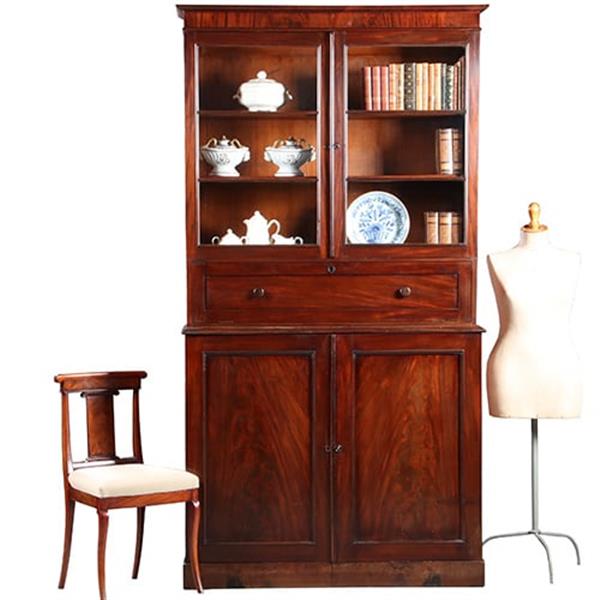 Grote foto hoge boekenkast mahonie met archiefklep en prachtig oud glas ca. 1830 no.920305 antiek en kunst stoelen en banken