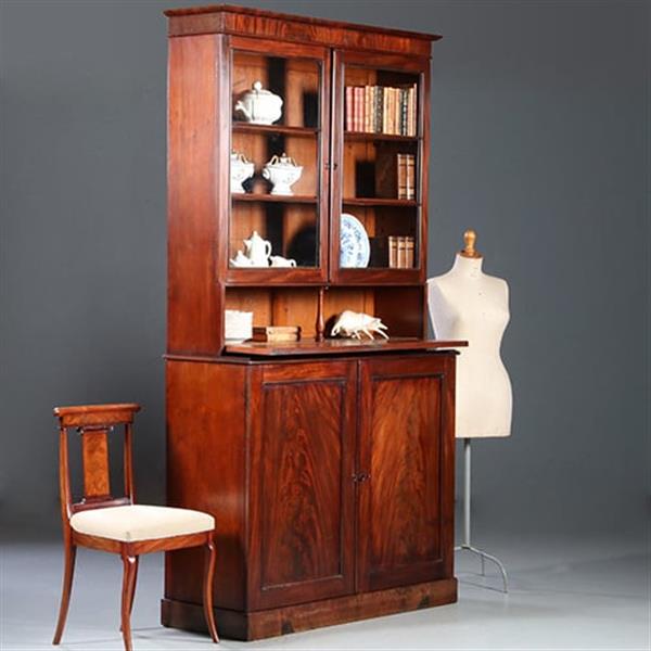 Grote foto hoge boekenkast mahonie met archiefklep en prachtig oud glas ca. 1830 no.920305 antiek en kunst stoelen en banken