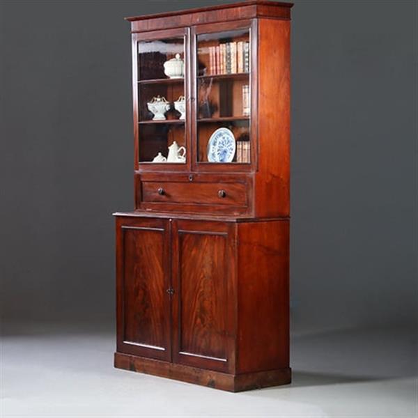 Grote foto hoge boekenkast mahonie met archiefklep en prachtig oud glas ca. 1830 no.920305 antiek en kunst stoelen en banken