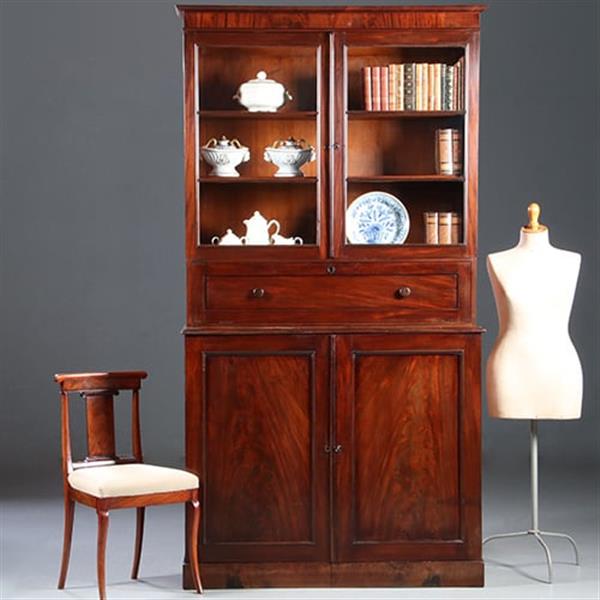 Grote foto hoge boekenkast mahonie met archiefklep en prachtig oud glas ca. 1830 no.920305 antiek en kunst stoelen en banken
